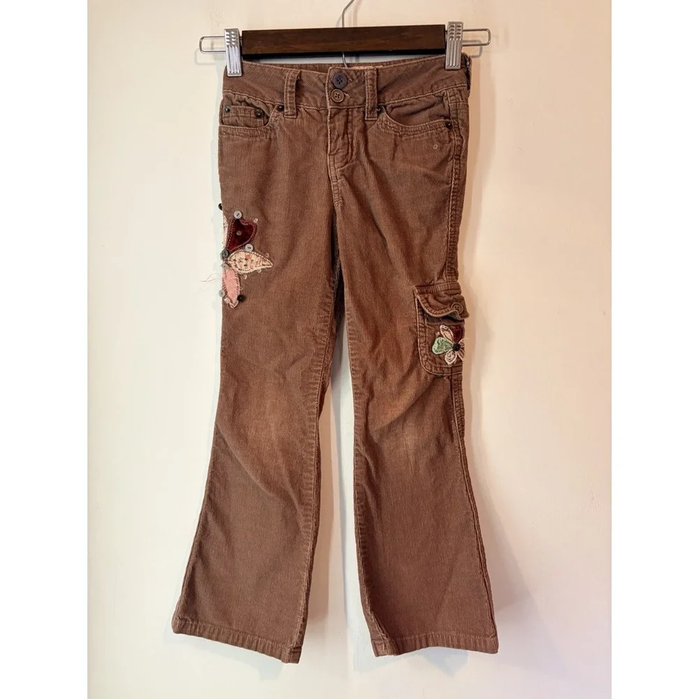 Vintage Y2K Limited Too Brown Corduroy Jeans Girls 6 Slim Flare Floral Patchwork